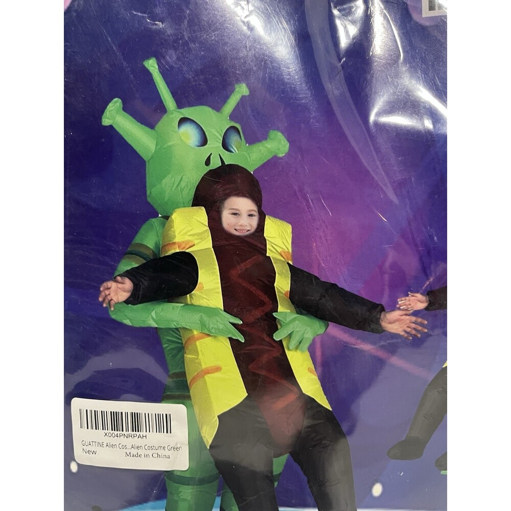 Inflatable Green Alien holding hot dog Funny Costume Blow Up Kids Size 5T-8 NEW
